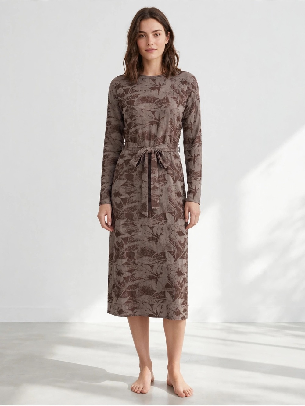 Zara Jacquard Midi Dress Taupe Brown Leaf Oversized M long Sleeve w/ Belt